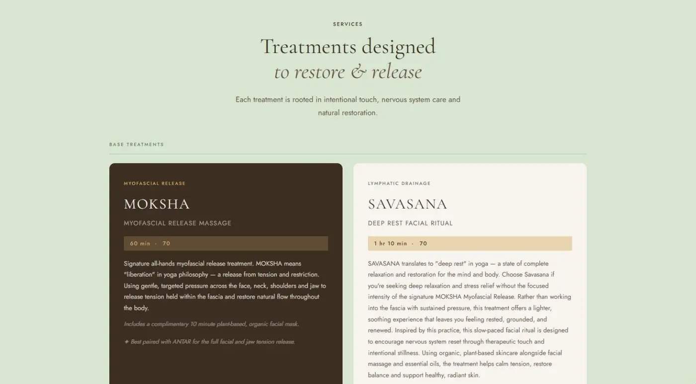 Mukha Face Yoga treatments page with dark and cream treatment cards