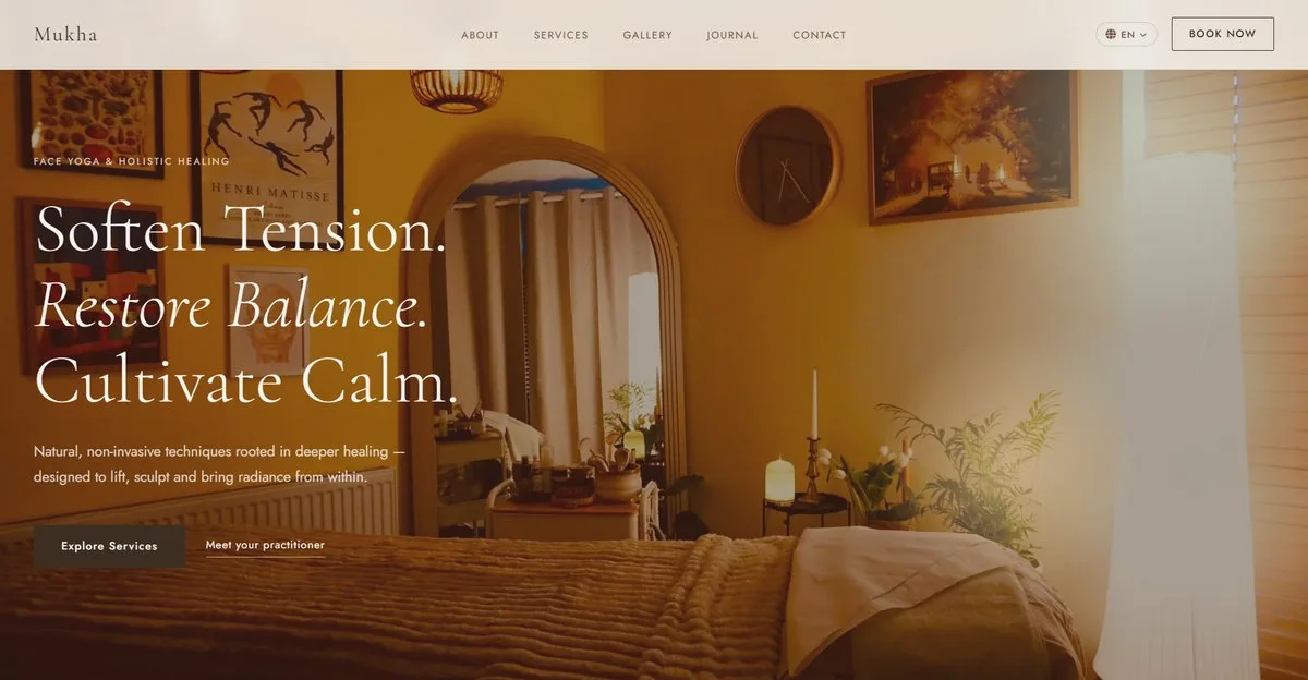 Mukha Face Yoga — homepage screenshot showing the hero with warm treatment room photography